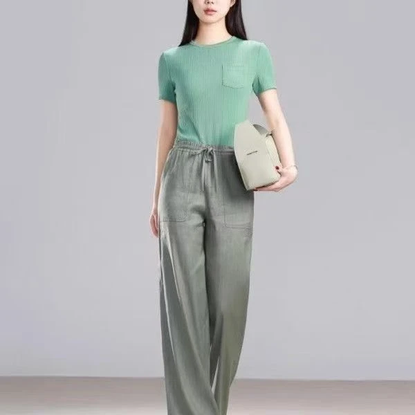 哥弟阿玛施正弹力夏季休闲裤松紧夏装针织绿色长裤奶咖色裤子显瘦