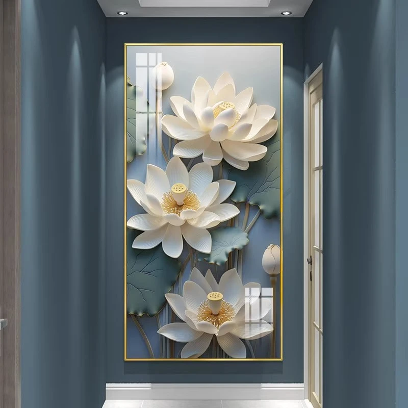 国潮风小清新荷花装饰画玄关背景墙创意挂画轻奢高级感楼梯间壁画