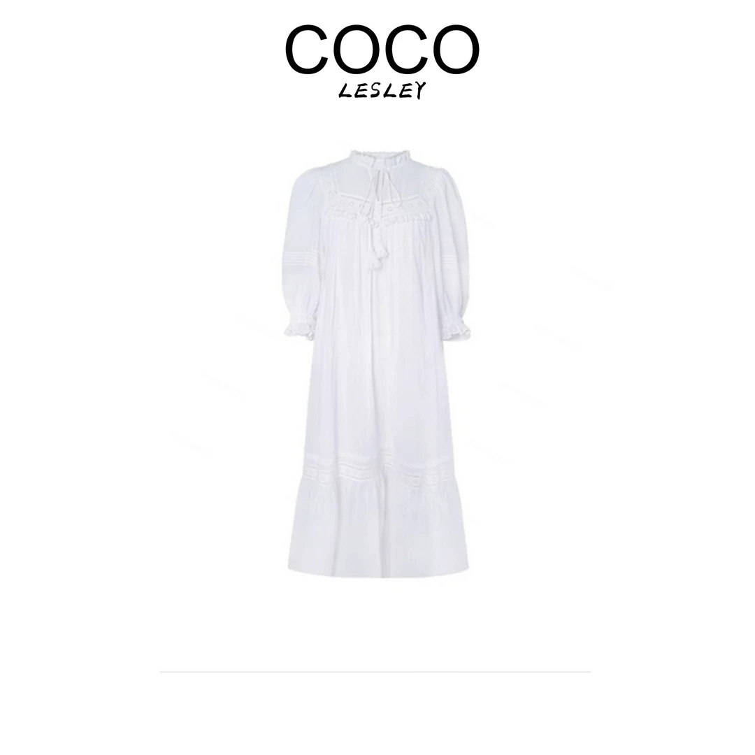 【COCO LESLEY】连衣裙法式蕾丝镂空泡泡袖度假风长裙女22019
