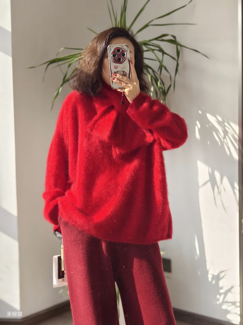 【baby级】山羊绒拉绒慵懒风针织宽松纯色中版上衣+小围巾6110