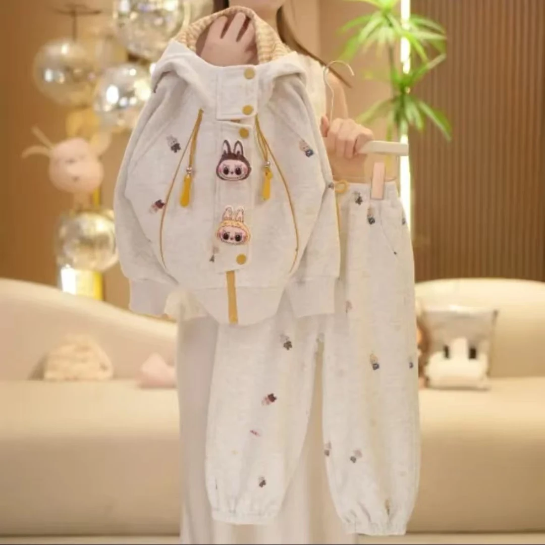 儿童2025秋季新款卡通洋气连帽运动休闲上衣宽松束脚裤女童套装