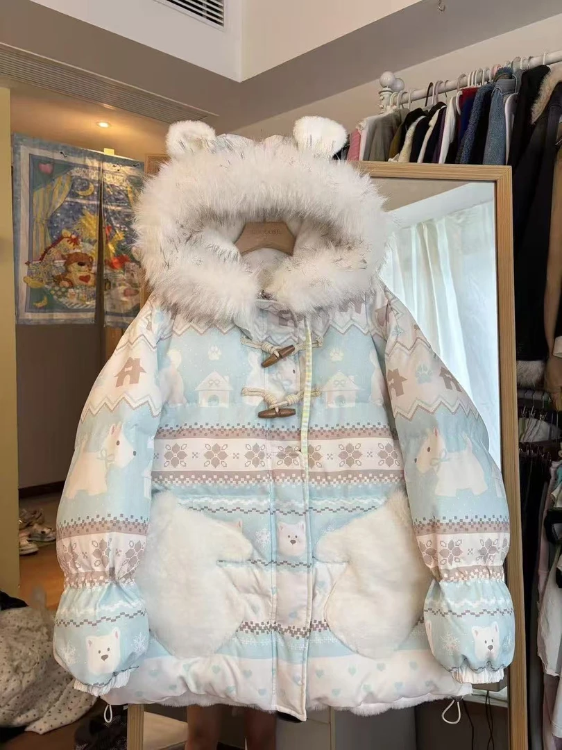 毛茸茸毛领连帽棉服外套2025冬季甜美保暖加厚宽松学生面包棉袄女