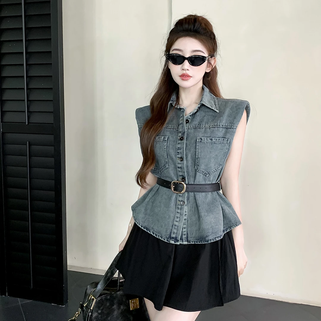 【配腰带】2025夏新款韩版洋气宽松polo领坎肩无袖水洗牛仔衬衫