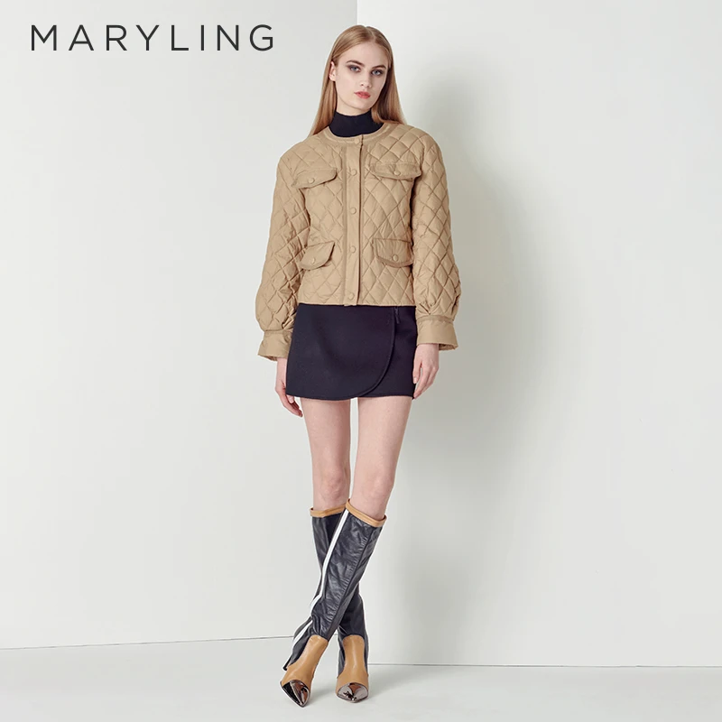 MARYLING玛俪琳冬季驼色圆领菱形格短款90绒羽绒服A1CGW96051