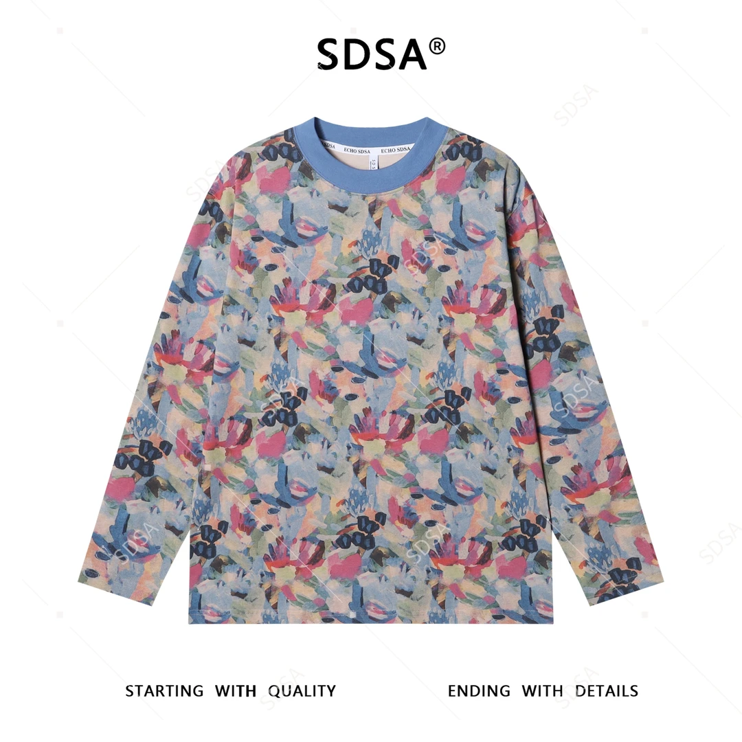 秋季高级感新款男士美式油画撞色设计长袖T恤百搭复古圆领上衣