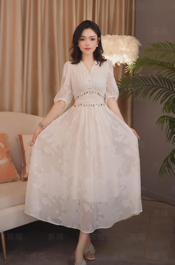 苏陌裙子女款爆款新款南油立体花朵白色连衣裙白月光今年夏季