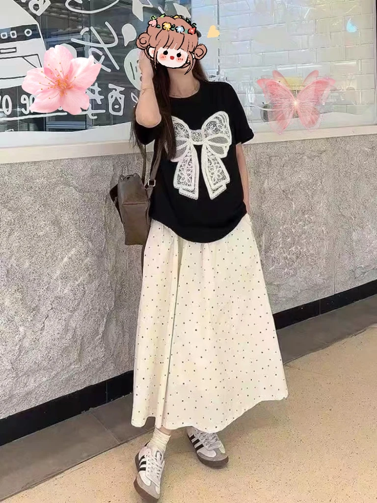 2025夏季新款蝴蝶结黑色短袖T恤甜美清新百搭学生装