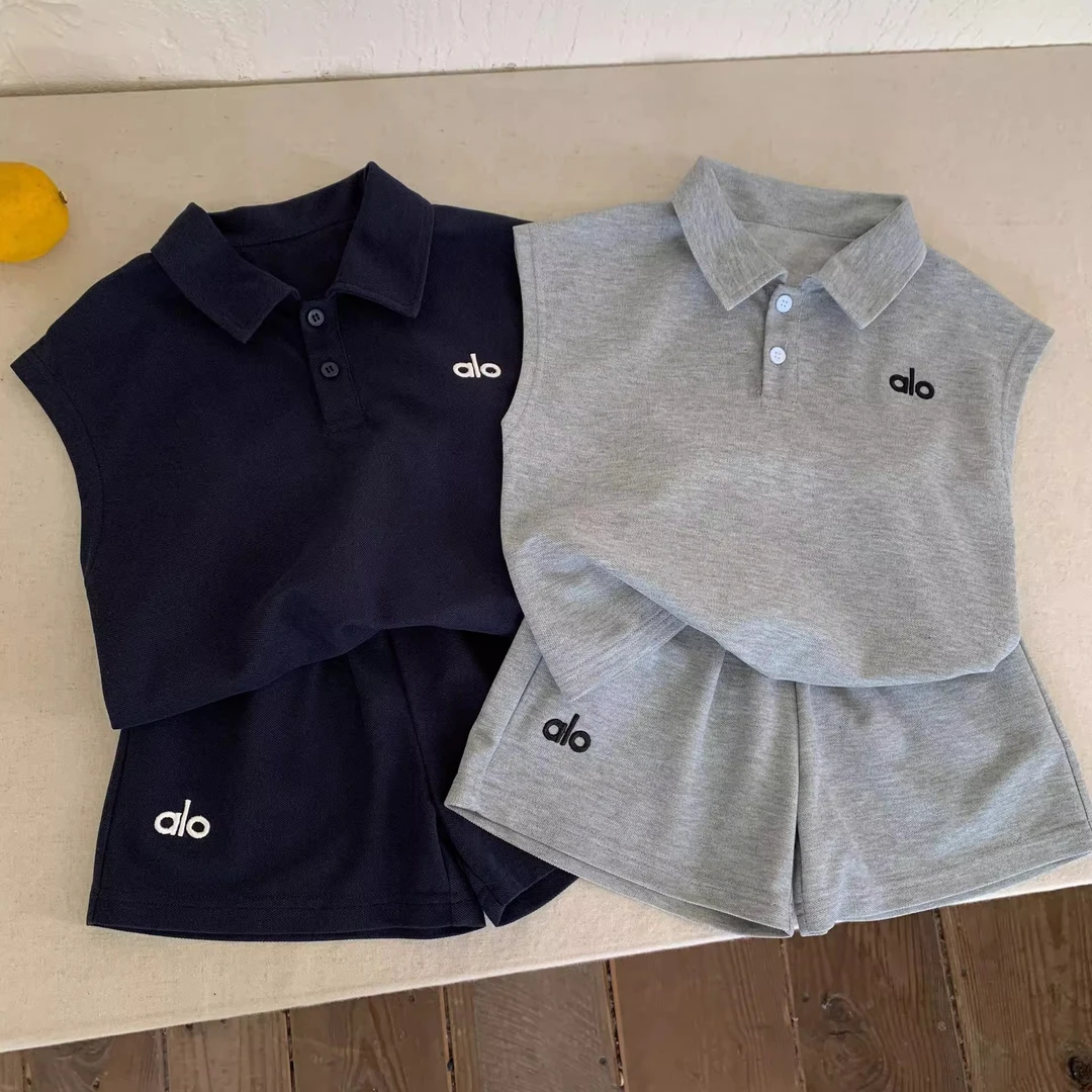 运动风夏季套装童装中大童男童帅气男单排扣套头纯色