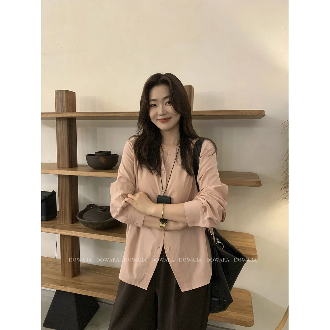 现货8973D大婉酱微胖定制【韩系欧尼】莱赛尔韩系V领正肩衬衫秋上衣