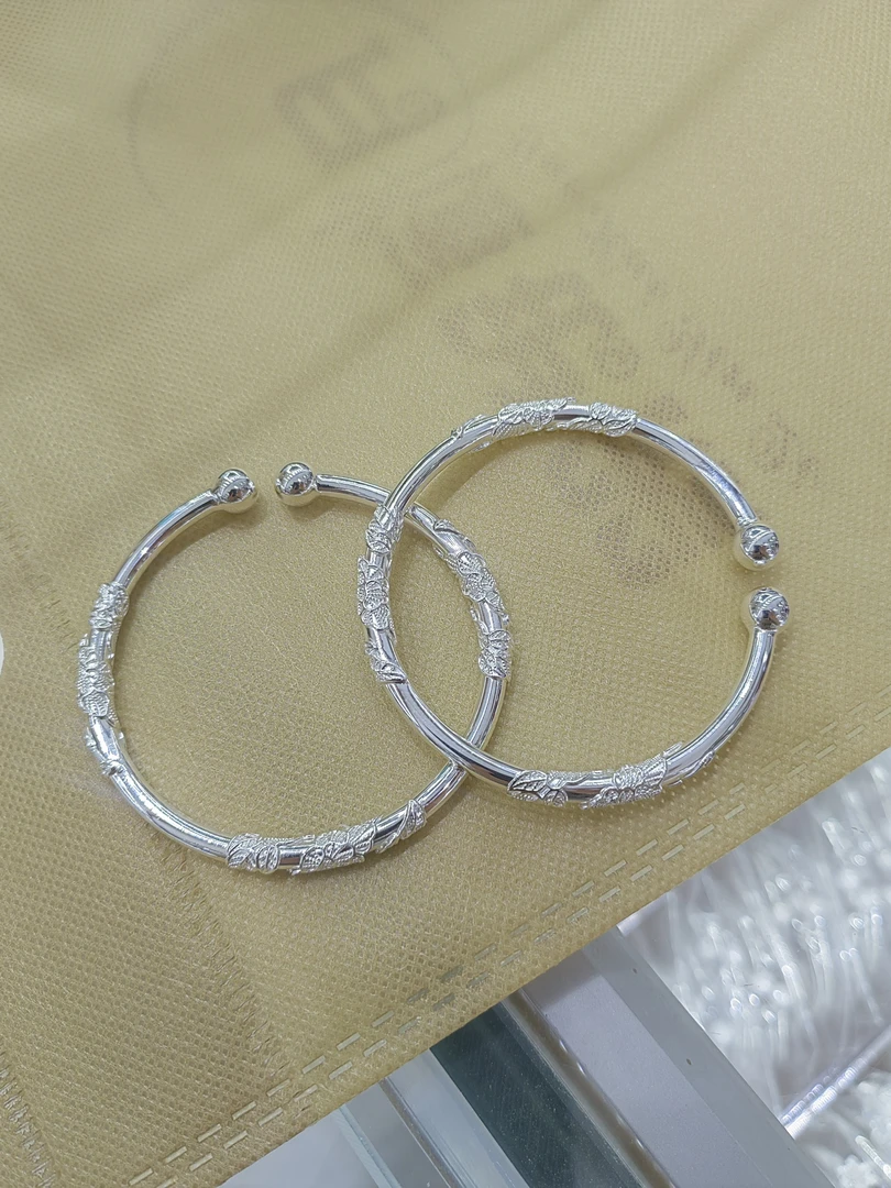 足银手镯 喜公公繁花似锦手工可调节足银手镯宝宝圈圈复古镯子1支