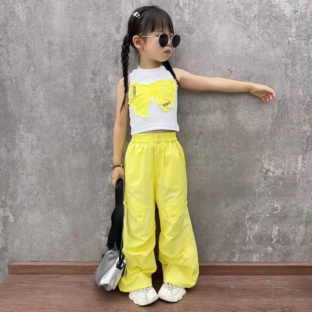 女童工装裤夏季2025新款儿童超火夏装爵士舞街舞套装中大童阔腿裤