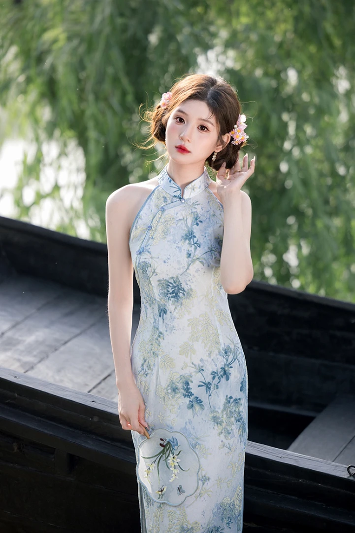 风旗袍复古优雅夏季气质日常显瘦中国风碎花镂空领新中式