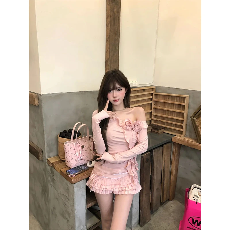 盐系甜美风设计感斜肩荷叶边抽褶长袖上衣女高腰显瘦休闲蛋糕短裙