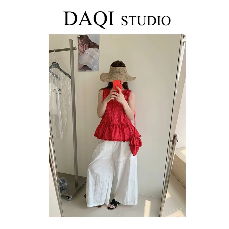 大七穿搭-（慵懒时光）韩国单 带包包波点木耳边无袖衬衣G69-S8731