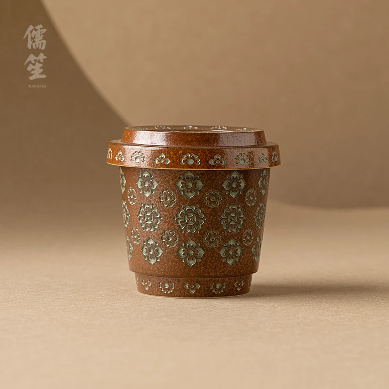 儒笙宝相花手工可乐杯大容量咖啡杯带盖陶瓷办公室复古侘寂风茶器