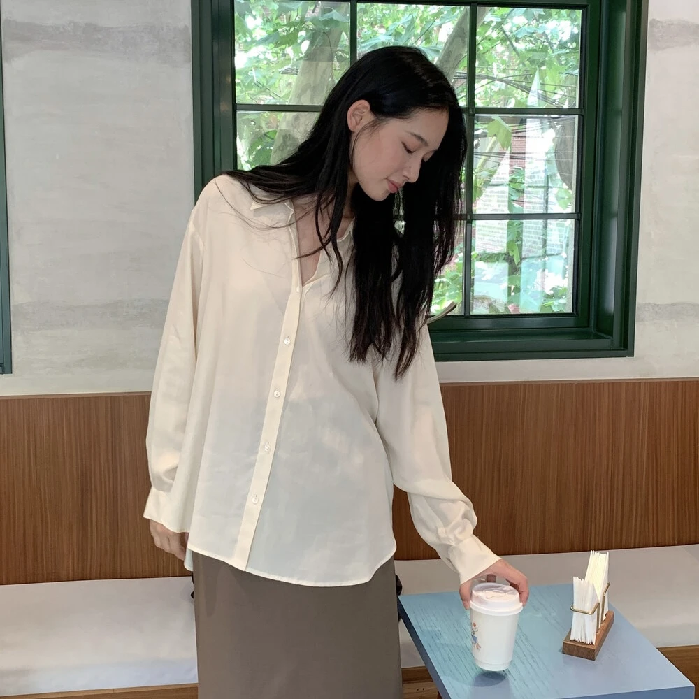 Cute Club 甜美风简约纯色通勤长袖衬衫秋季新款宽松休闲百搭上衣