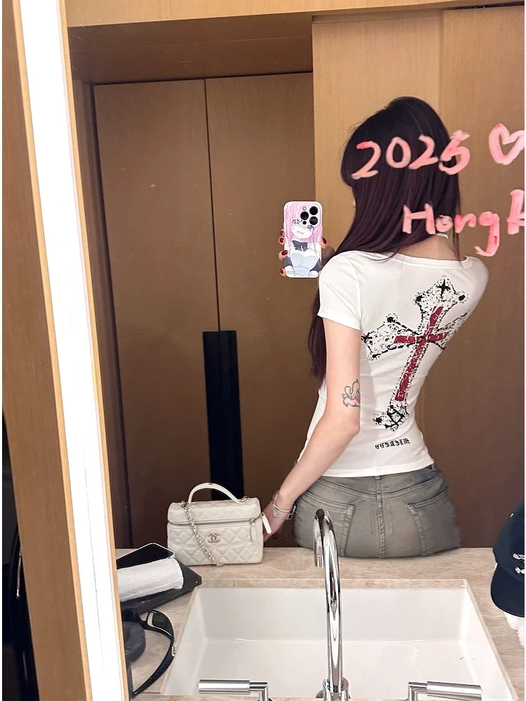 美式辣妹十字架印花正肩短袖T恤小众百搭基础款修身收腰V领上衣