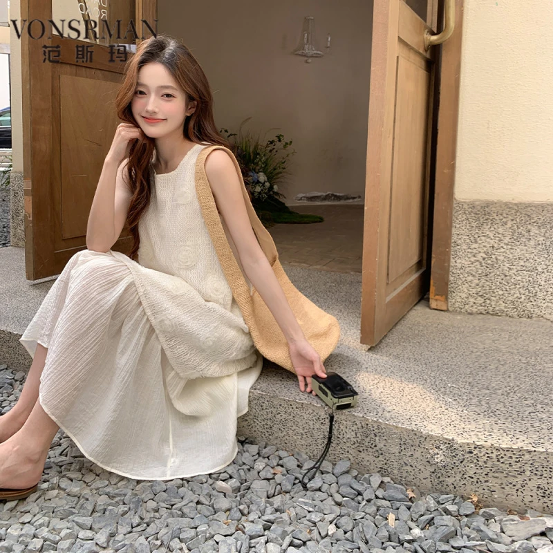 高级感米白色法式清纯系立体花朵拼接连衣裙女2025初夏 VONSRMAN