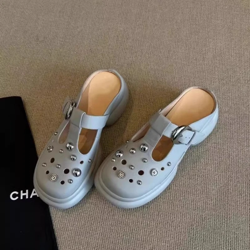 现货2025年增高厚底勃肯鞋小众包头洞洞鞋休闲半拖鞋外穿博肯拖鞋