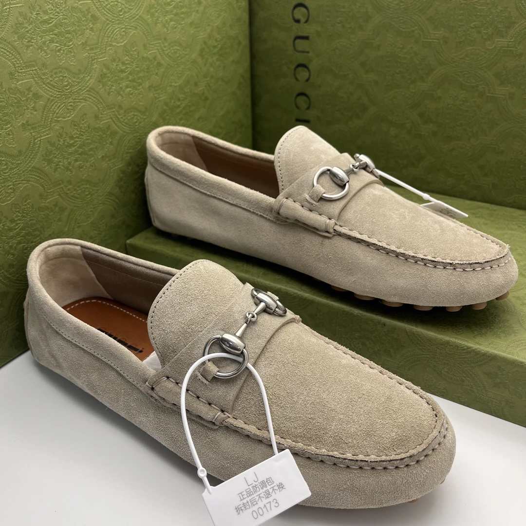 未使用 GUCCI/古驰 40.5/41.5码/米灰经典马衔扣豆豆鞋/全套