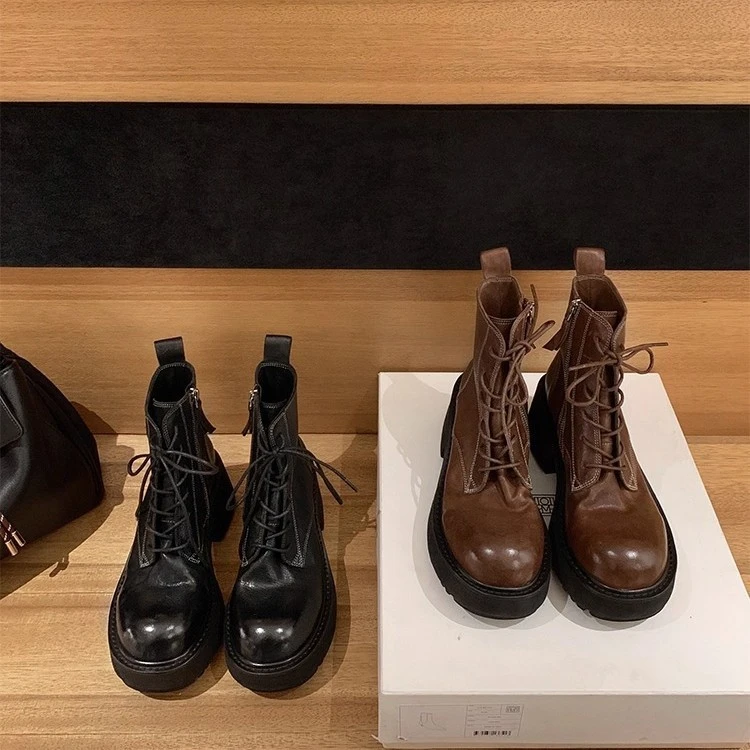 西瑞女鞋时尚百搭复古英伦厚底单靴系带圆头瘦瘦靴冬季新款马丁靴