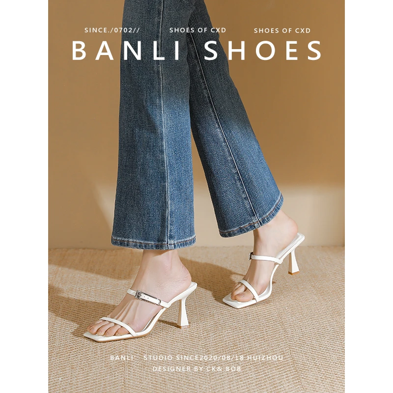 方头高跟拖鞋女夏外穿2025夏季新款时尚细跟露趾一字带凉拖女鞋