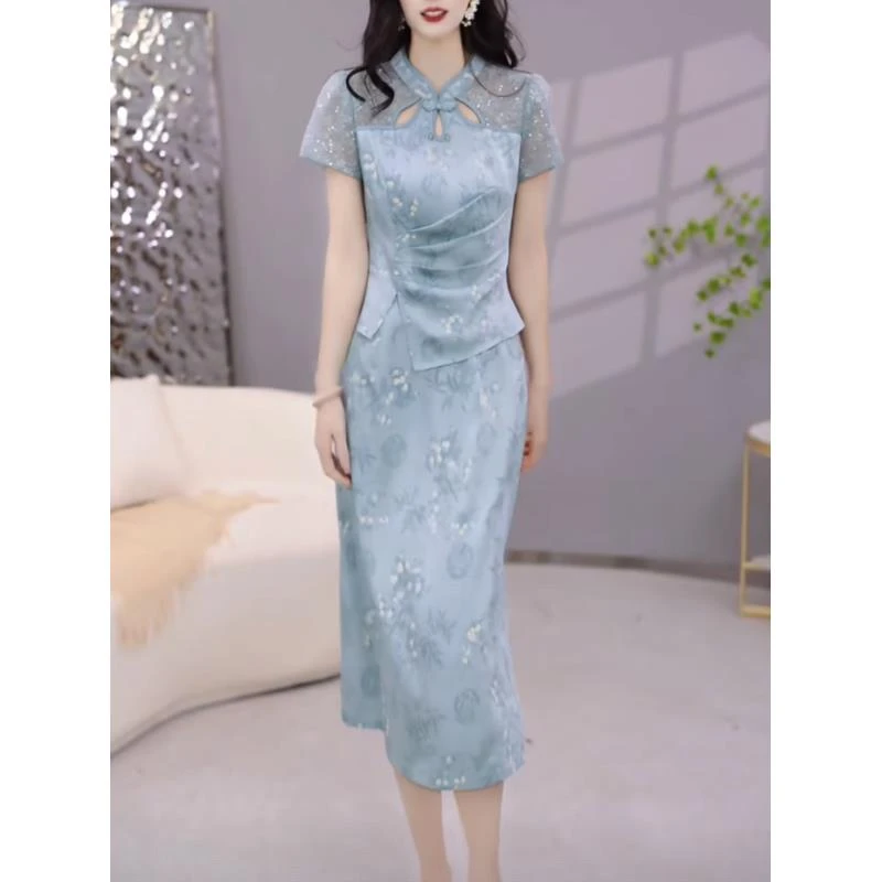 【上衣+半身裙】2025夏季新中式洋气减龄蓝色时尚套优雅两件套裙女