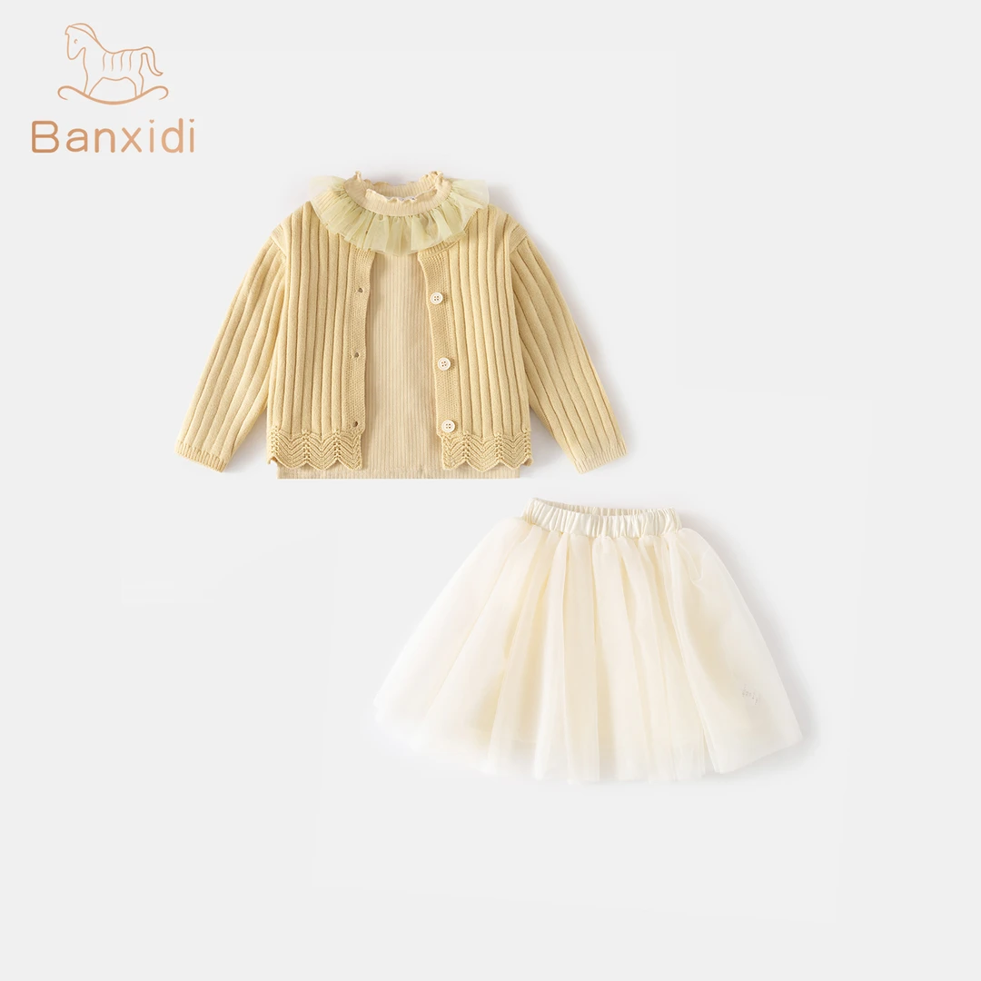 班喜迪女童套装秋装儿童长袖T恤公主外套宝宝半身网纱裙子三件套