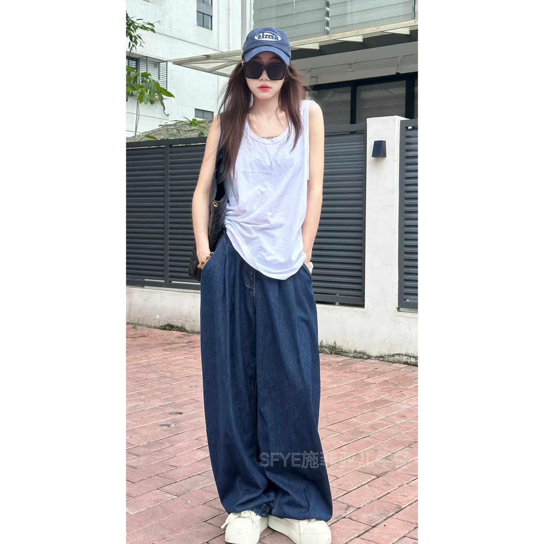 深蓝色阔腿牛仔裤女春秋2025新款中腰梨形身材垂感丹宁拖地直筒裤