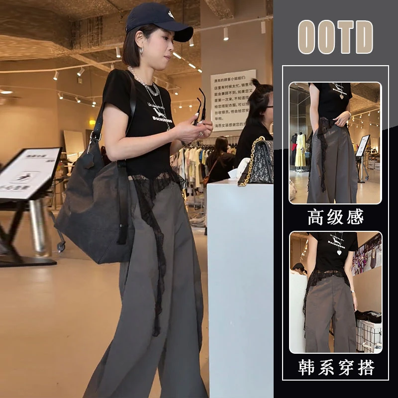 韩系穿搭夏2025新款洋气别致下摆蕾丝拼接短袖t恤上衣工装裤套装