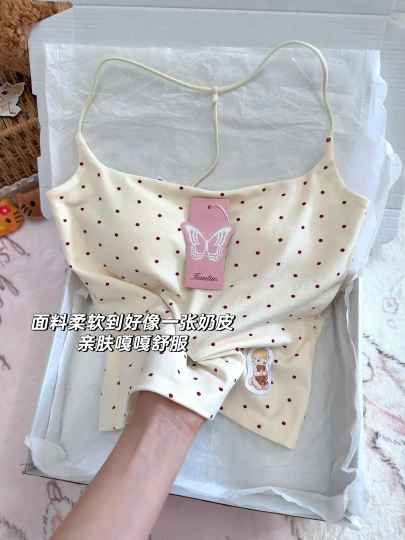 纯欲风波点工字吊带背心女性感辣妹显瘦百搭带胸垫美背无袖上衣