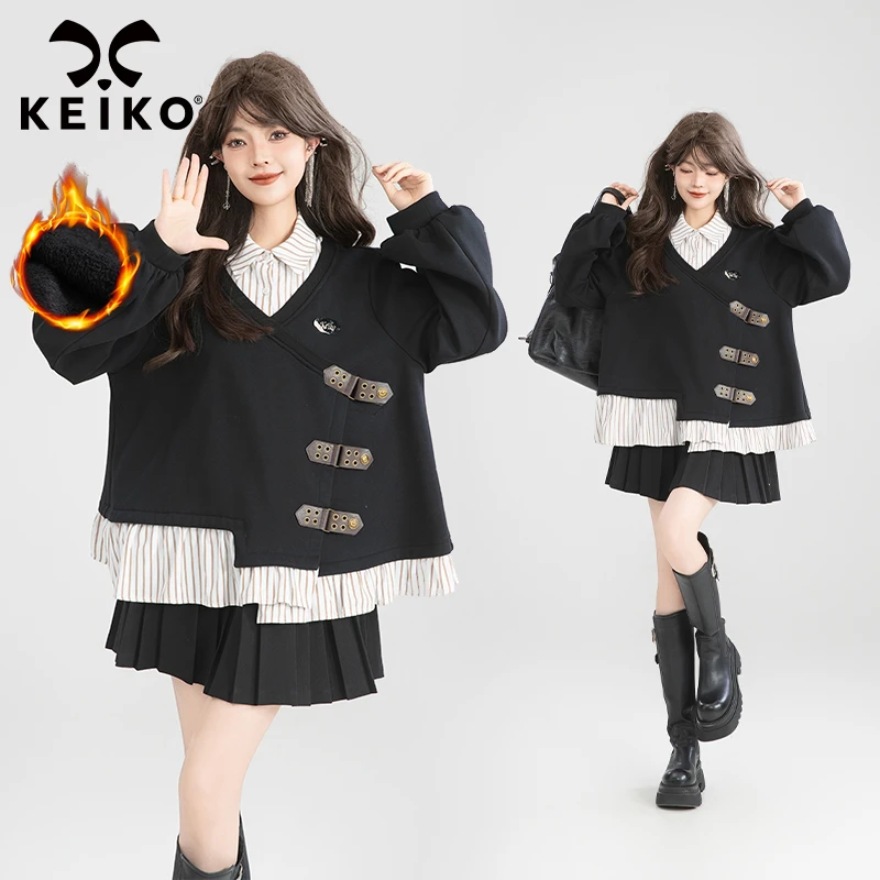 KEIKO 极繁叠拼黑色假两件卫衣加绒25早秋不规则设计polo领上衣