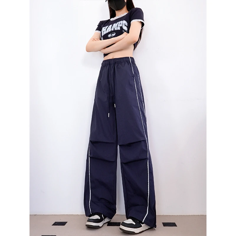 蕾丝拼接弯刀阔腿裤2025夏季新款时尚设计感宽松显瘦松紧腰休闲裤