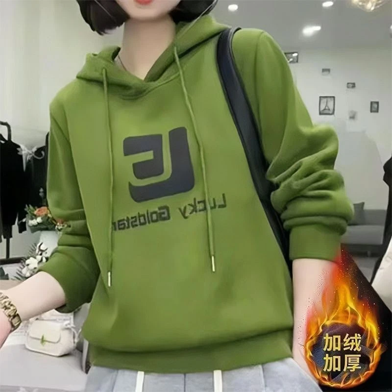 加绒加厚连帽卫衣女秋冬季时尚新款韩版宽松显瘦遮肚子厚款上衣潮
