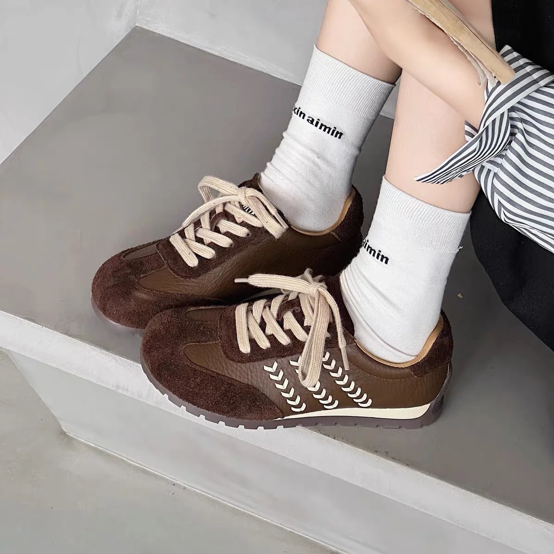 C8870  棕色  时尚百搭厚底圆头2025秋季新款系带阿甘鞋女休闲鞋