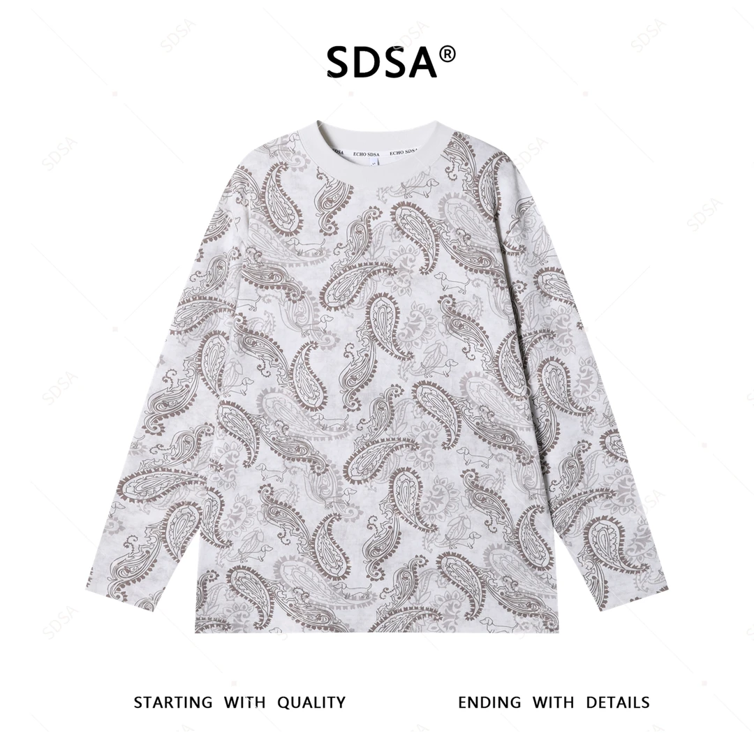 SDSA夏季新款男士痞帅潮牌抽象小狗印花圆领长袖T恤宽松高级感潮