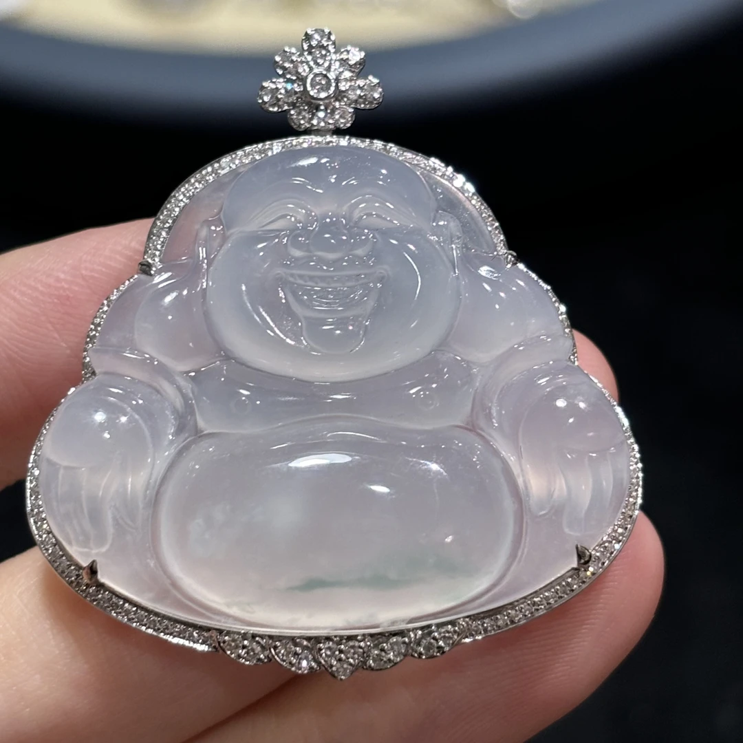 18k金天然缅甸A货翡翠佛公吊坠