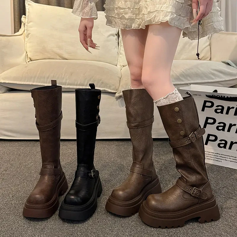 长筒休闲长靴女款2025秋冬季新款时尚百搭小个子复古风厚底时装靴