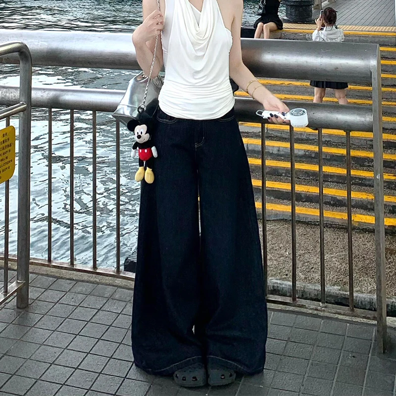 深色宽松显瘦美式复古牛仔裤女2025夏秋新款休闲百搭拖地直筒裤子