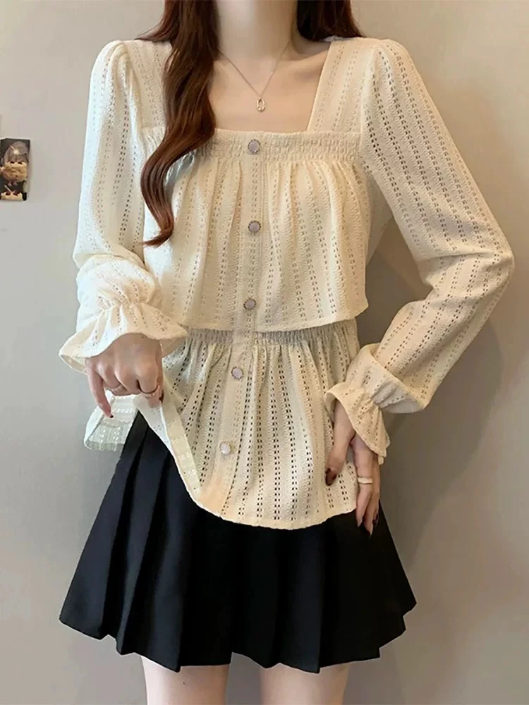 ～韩系法式方领遮肉肉上衣衫