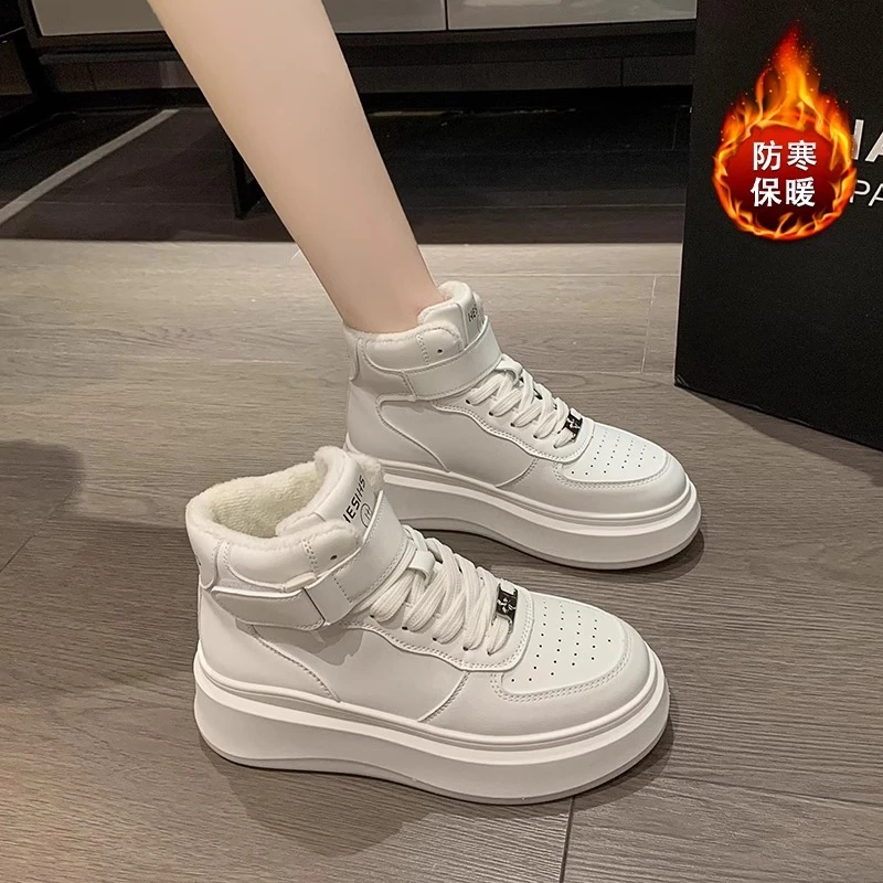 高帮小白鞋女款2025秋冬加绒保暖厚底松糕鞋魔术贴防滑老爹鞋