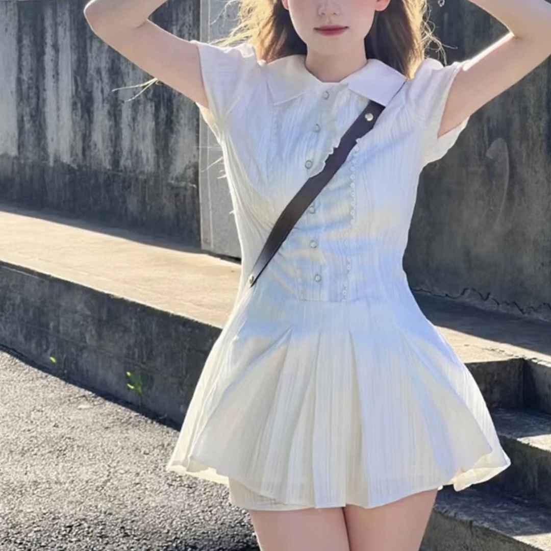 甜美学院风白色泡泡袖衬衫连衣裙女夏季小个子气质收腰显瘦短