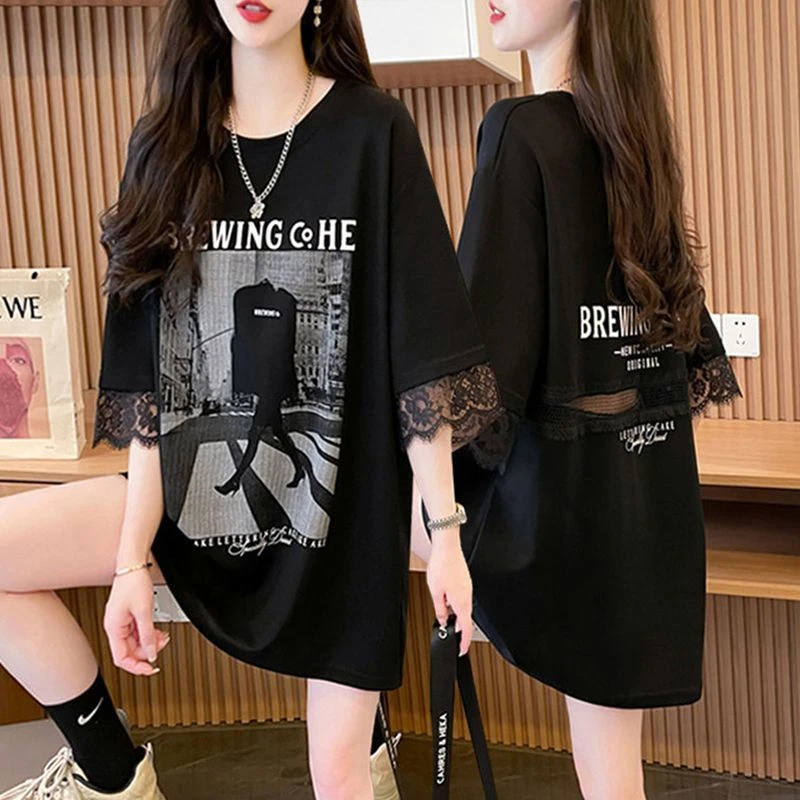 胖mm大码镂空蕾丝纯棉短袖T恤女2025夏季新款显瘦半袖体恤衫上衣