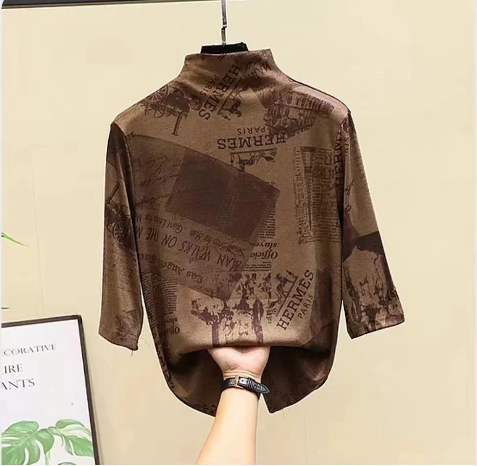 秋季时尚鱼嘴领T恤百搭洋气半高领修身印花上衣五分袖气质打底