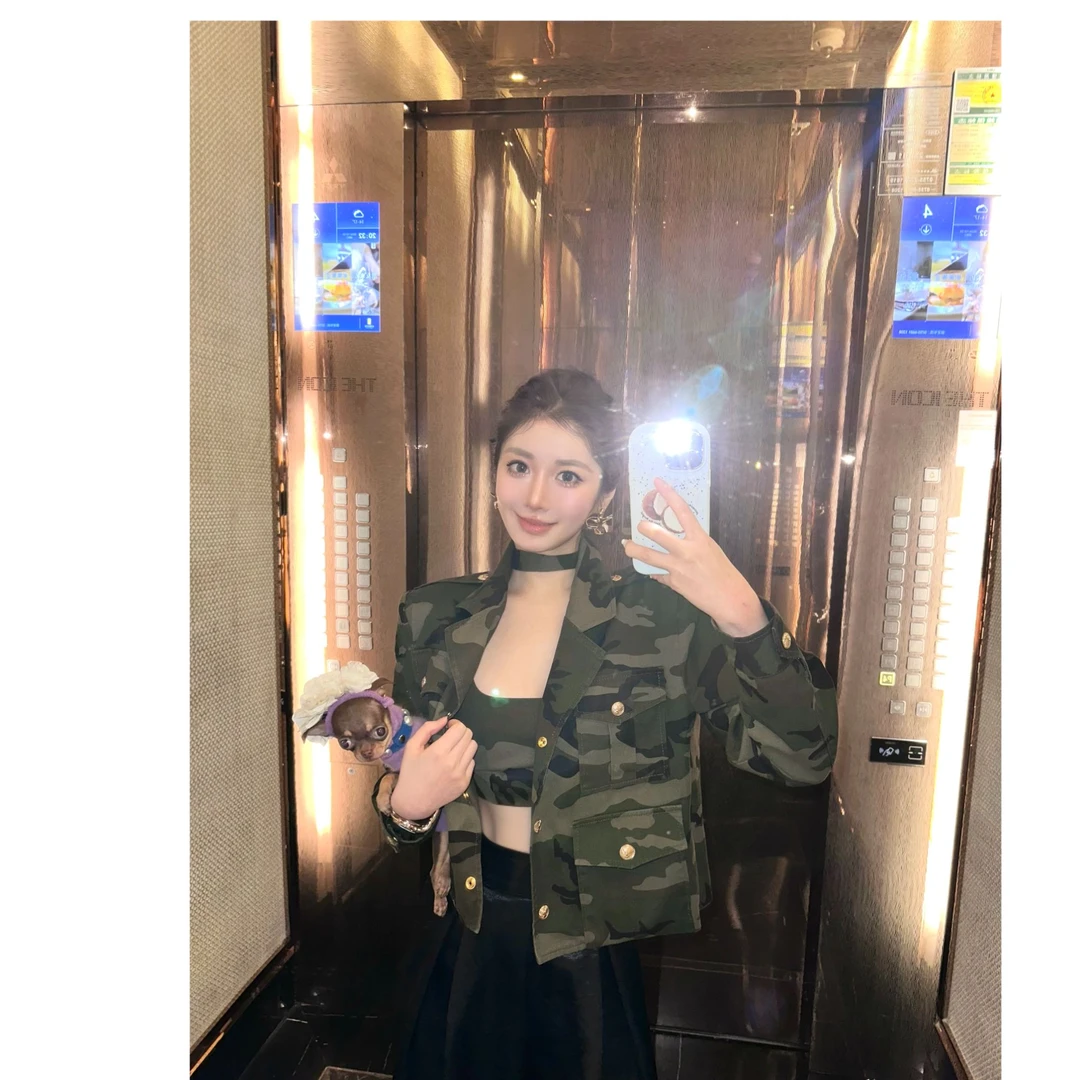 磨毛水洗迷彩风复古夹克外套肩章绿色