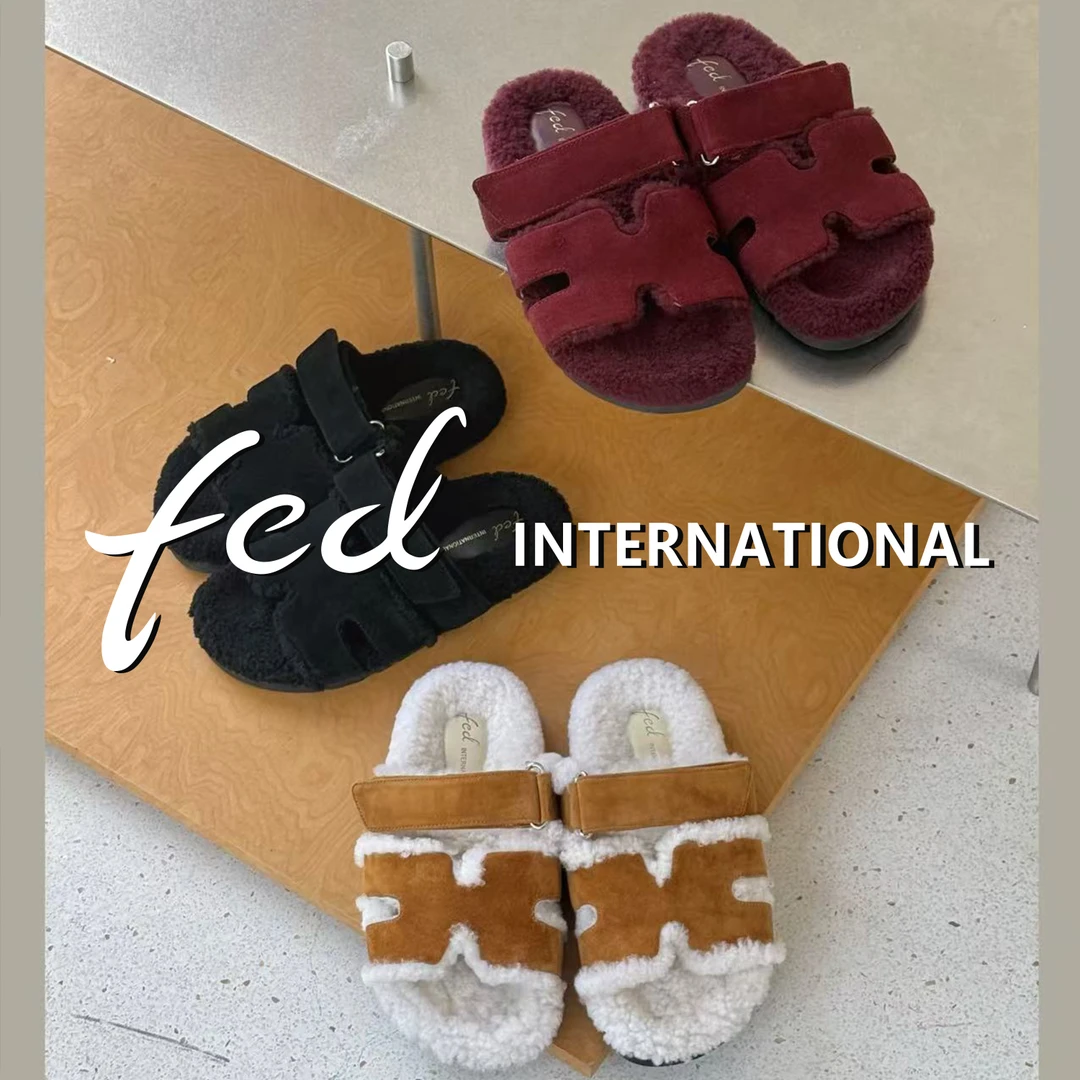 【羊毛H拖】FED女鞋秋冬新款百搭简约雅丹风羊毛二舅拖DTH0136
