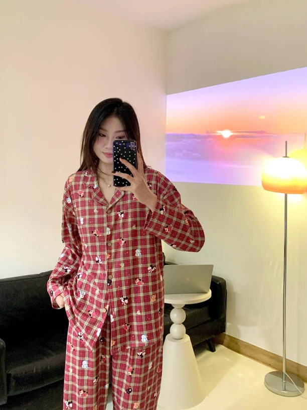 【鸿运当头】韩系可爱格子小狗秋冬季德绒保暖新年家居服套装可外穿