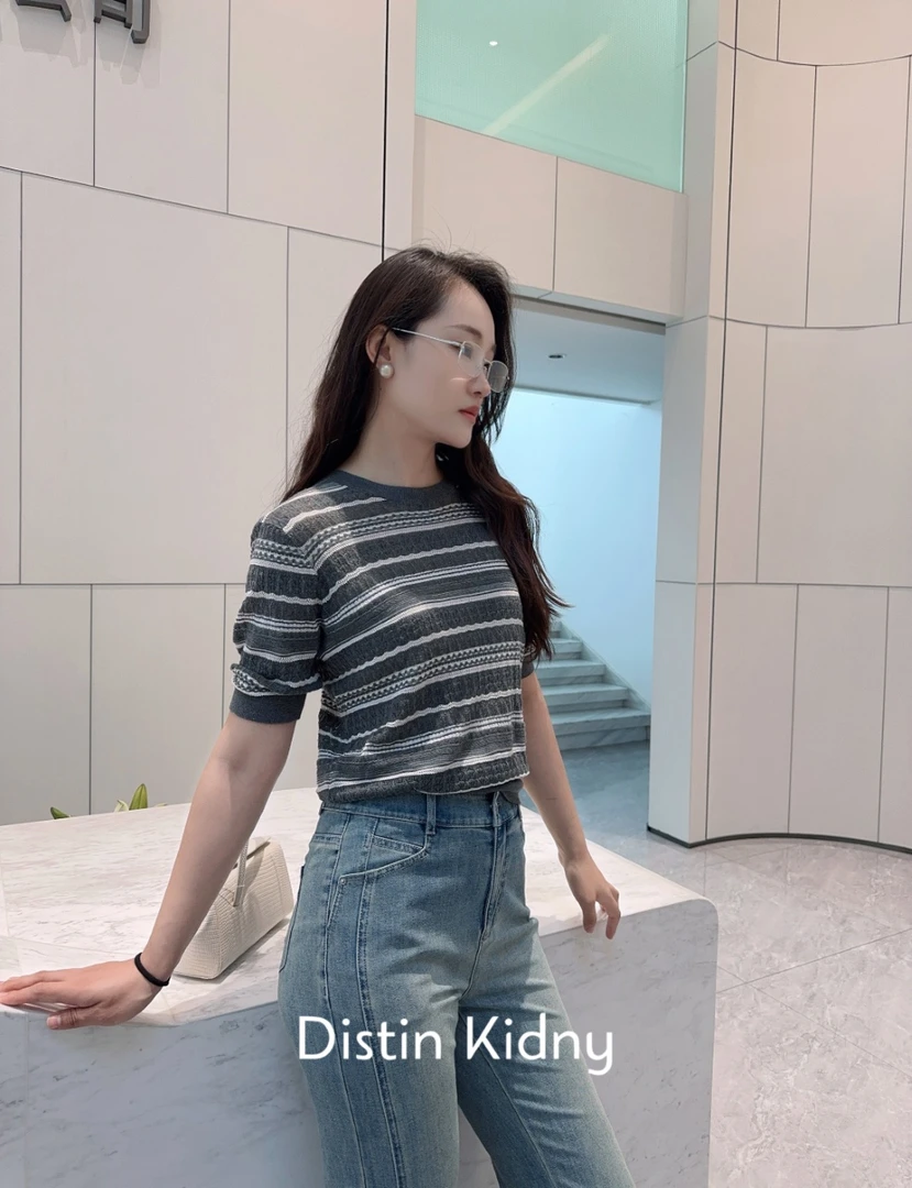 镂空圆领针织短袖条纹T恤打底气质宽松lulu风