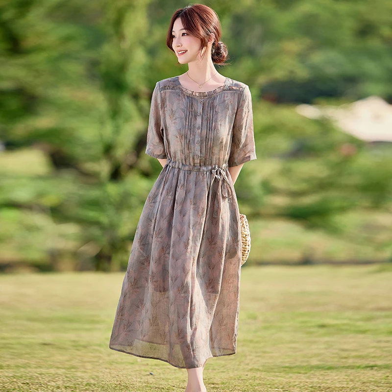 纯苎麻连衣裙女2025新款轻奢高级感夏季气质显瘦棉麻碎花裙子薄款