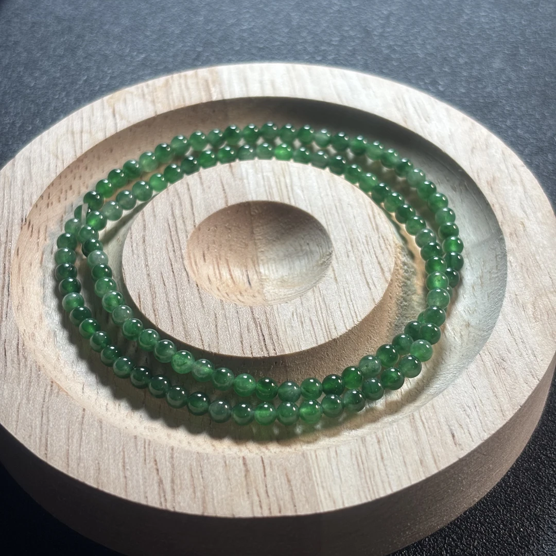 天然缅A翡翠绿珠串109颗卡3+